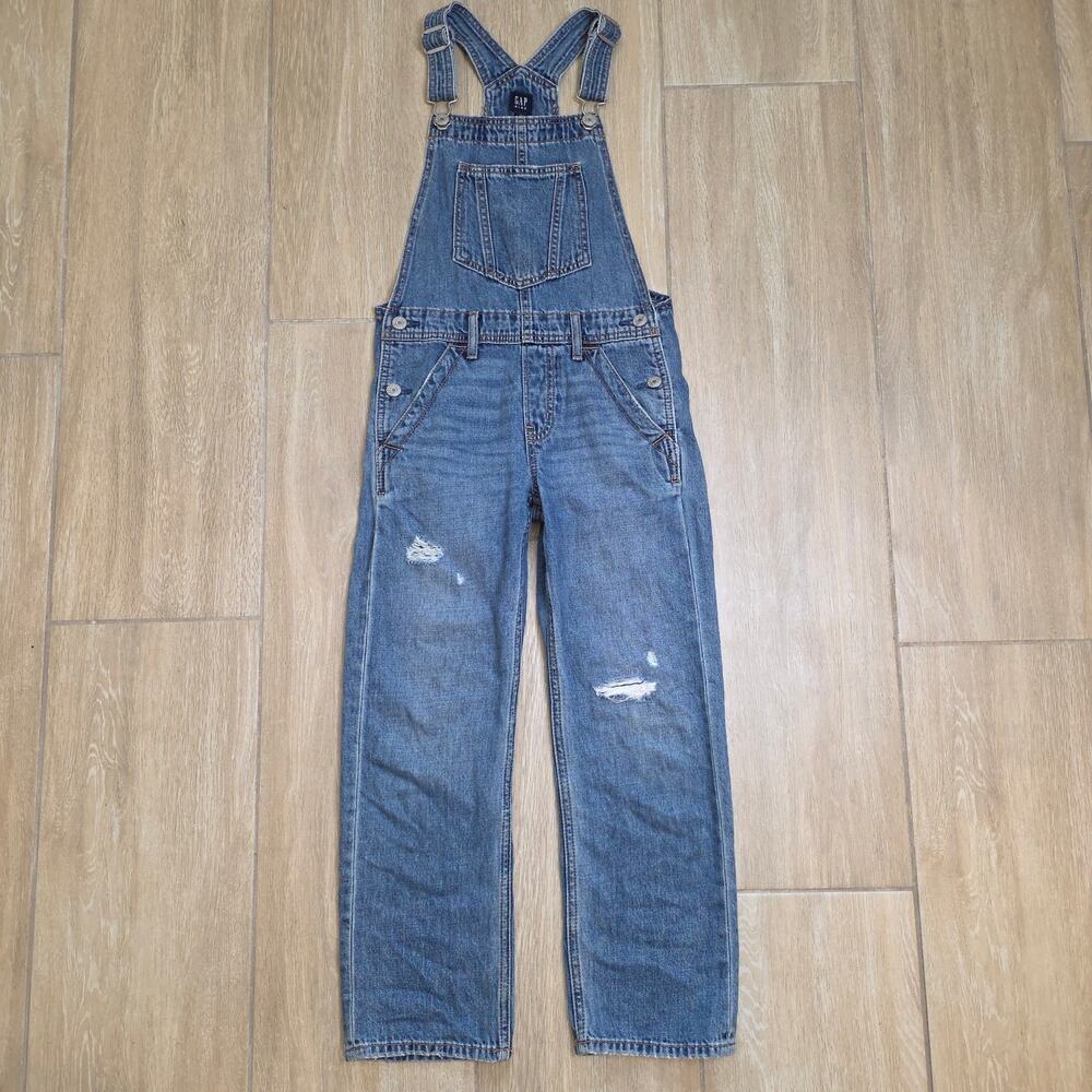 Gap Kids Denim Overalls Girls Medium 8 9 Distressed Loose Straight Leg Jeans
